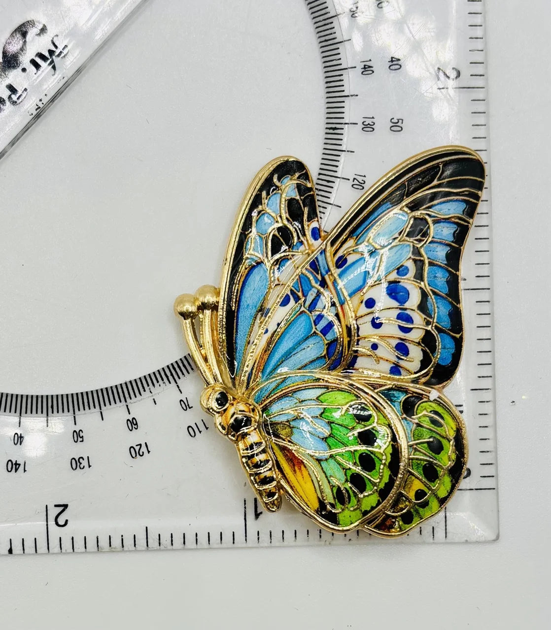 Butterfly needle minder beside a ruler for scale