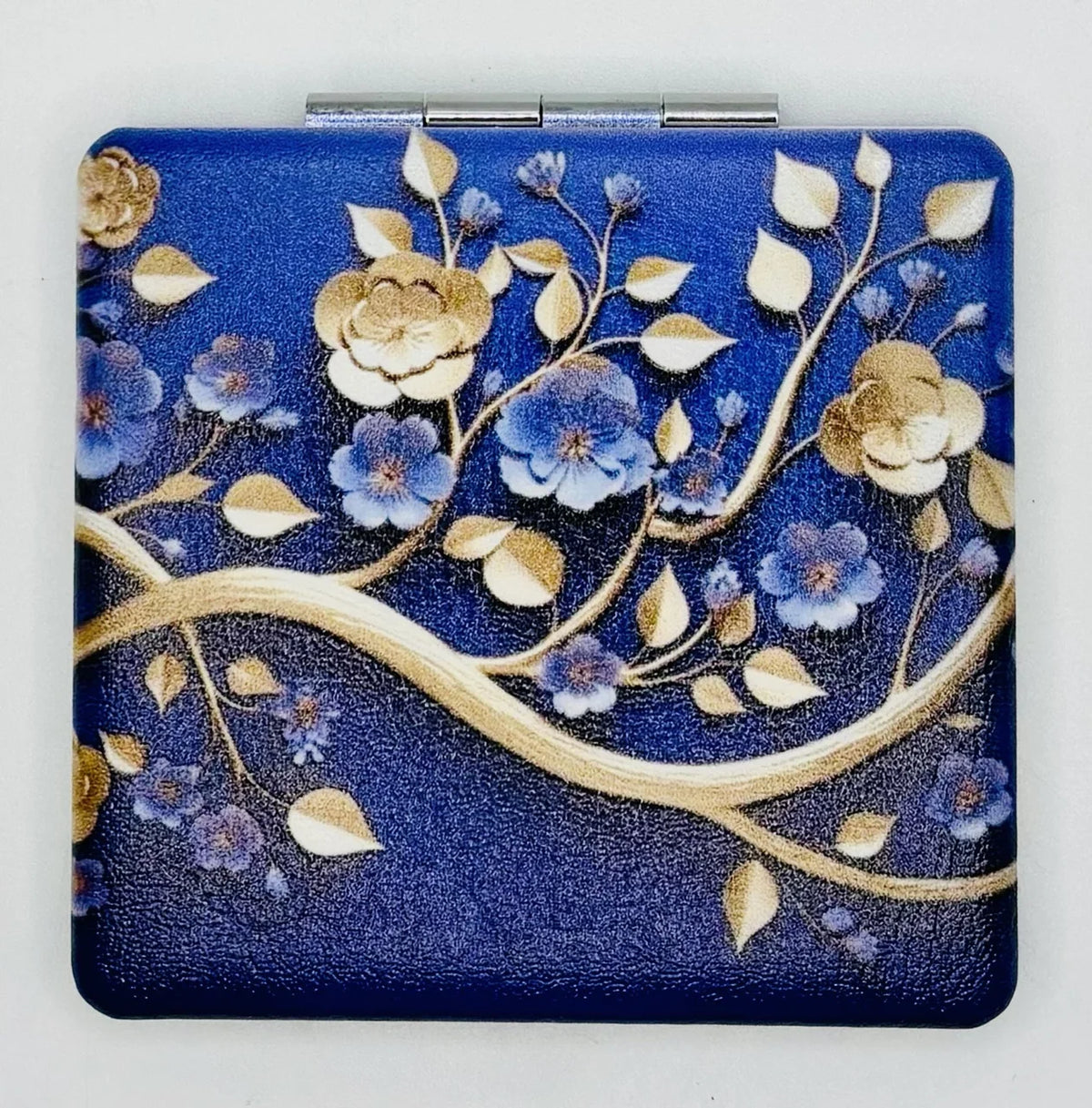Closed Blue and Gold Flowers On Blue bead case with blue and gold flowers and winding golden branches