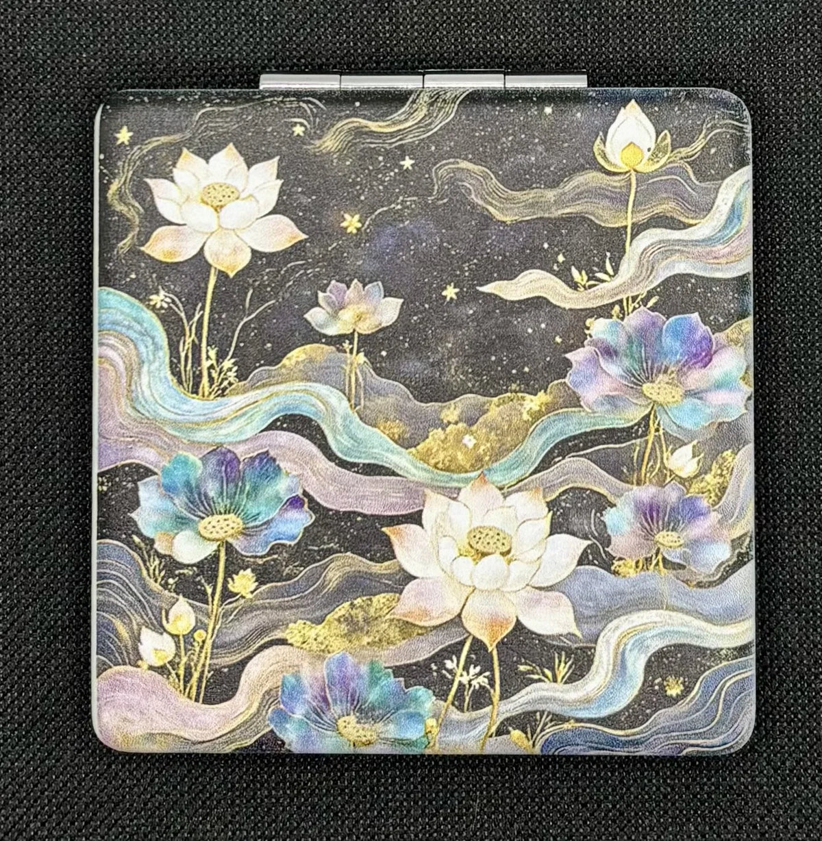 Closed Flowers and Ribbons bead case on dark fabric
