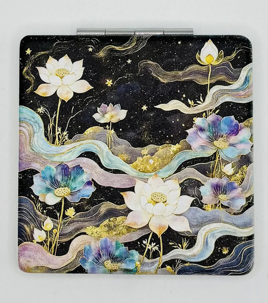 Closed Flowers and Ribbons bead case with white, blue, and purple flowers and flowing pastel ribbons