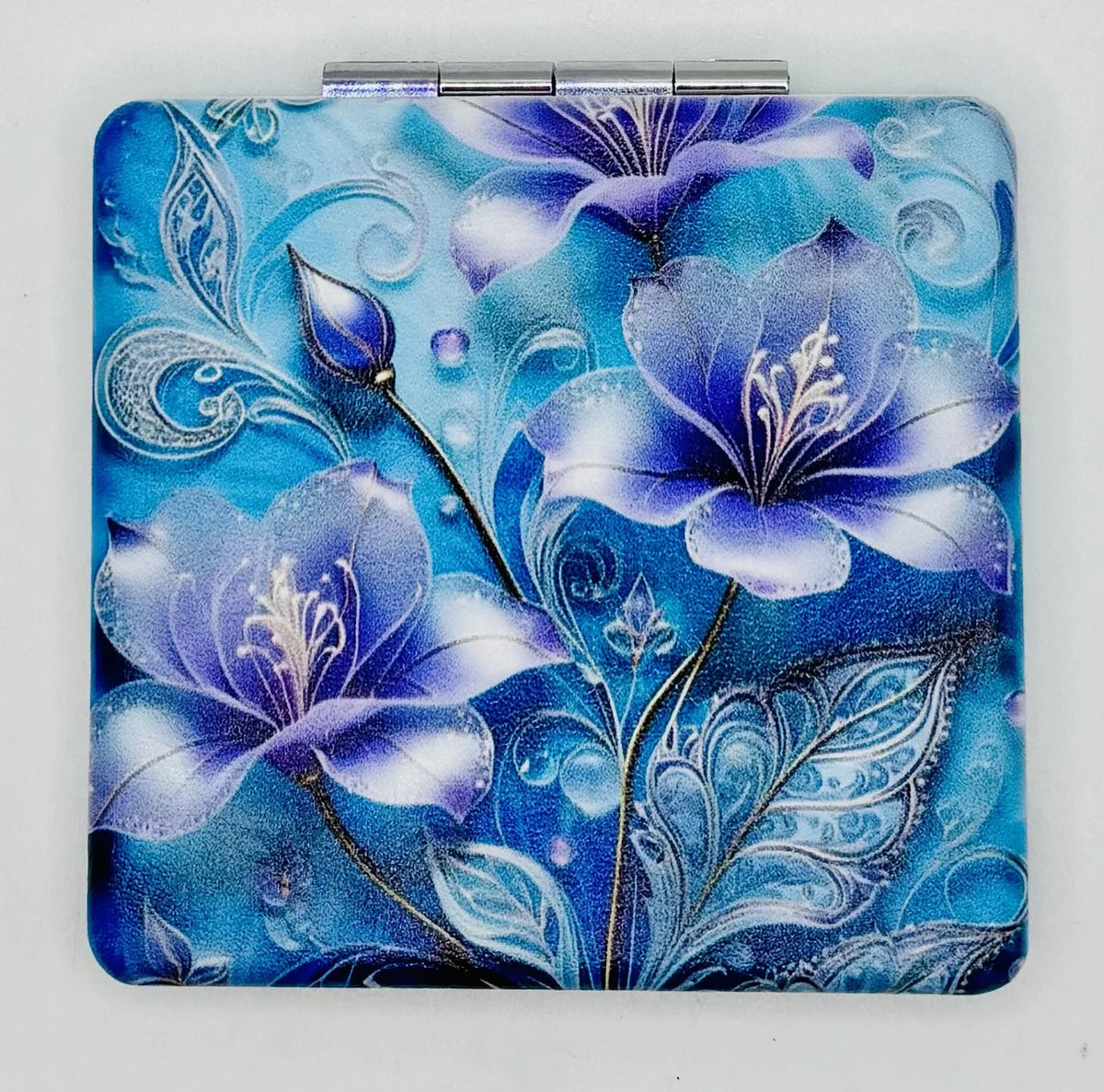Closed Lavender Flowers On Teal bead case with lavender blossoms and white scrollwork on teal