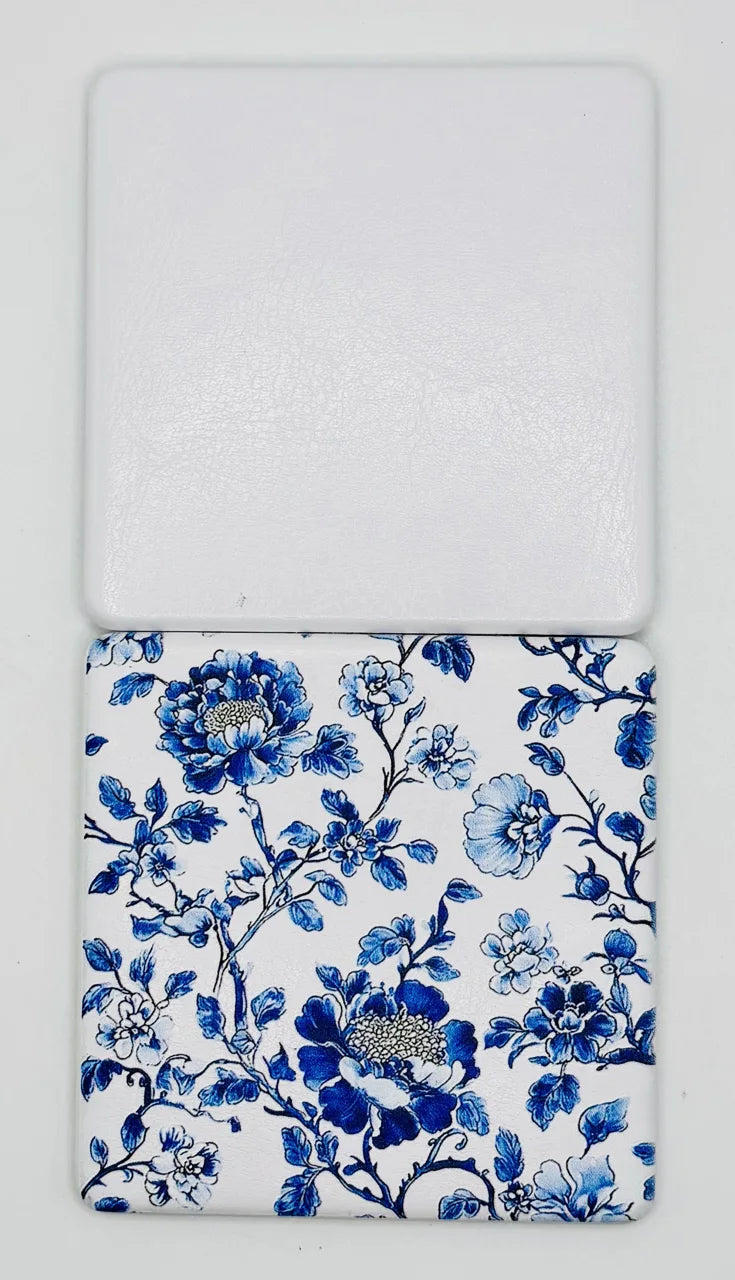 Decorated front and plain white back of the Blue Vine Flowers on White bead case