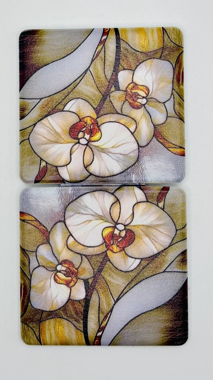 Both decorated exterior sides of the Stain Glass Orchids bead case
