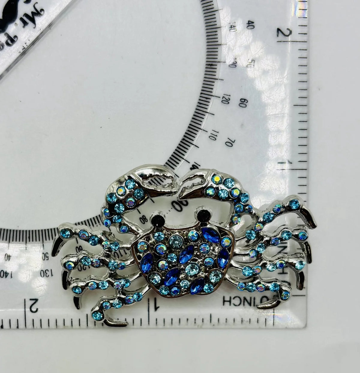 Crystal blue crab needle minder beside a ruler for scale