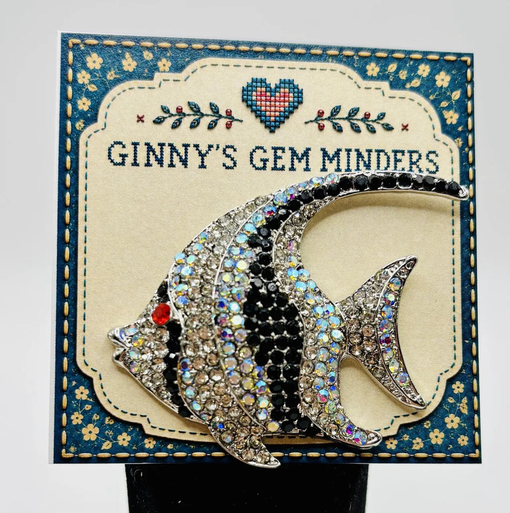 Black and white crystal angelfish needle minder on Ginny’s Gem Minders display card