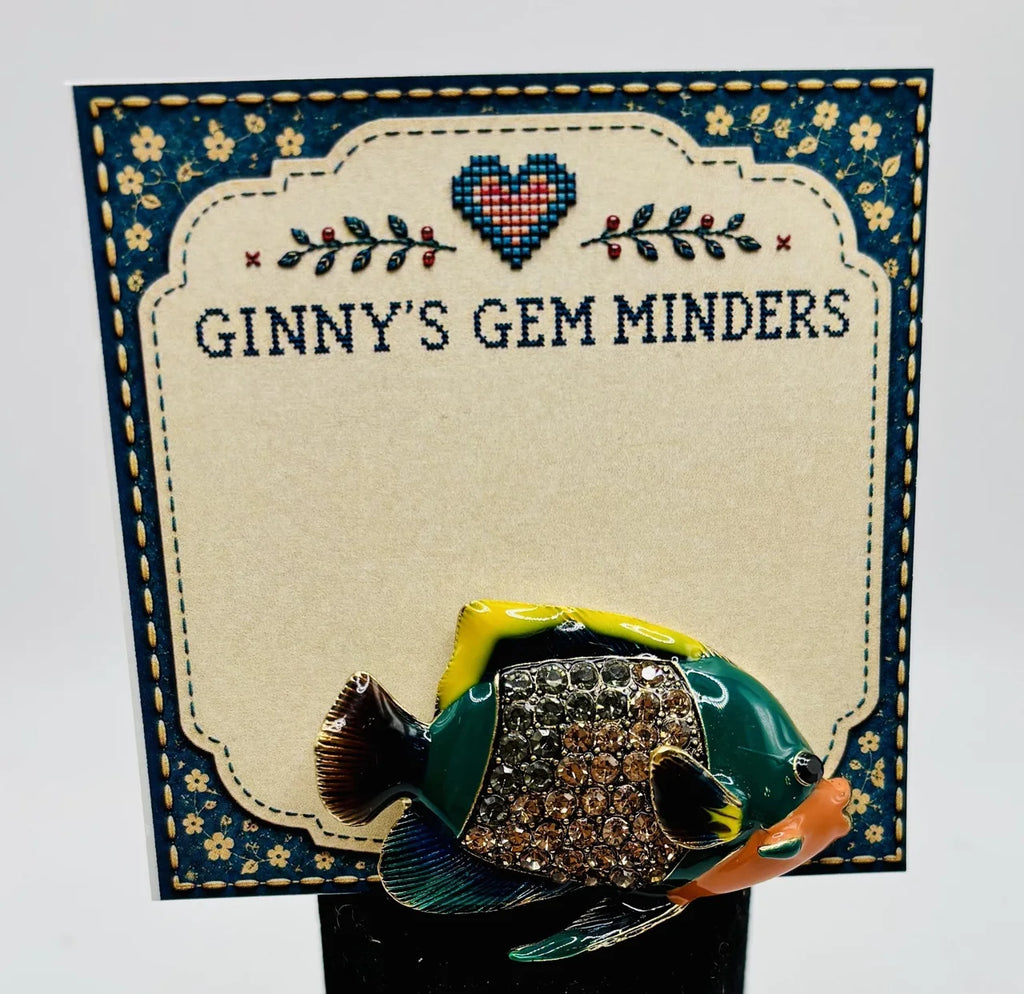 Colorful enamel and crystal tropical fish needle minder on Ginny’s Gem Minders display card