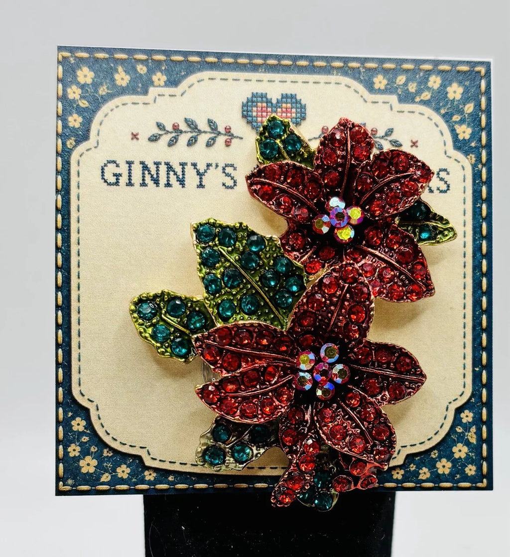 Crystal red poinsettia needle minder on Ginny’s Gem Minders display card