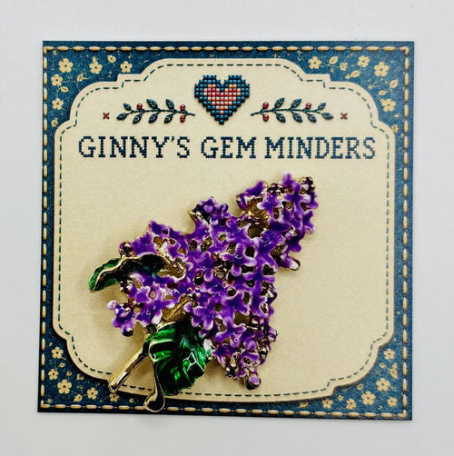Enamel lavender lilac needle minder on Ginny’s Gem Minders display card