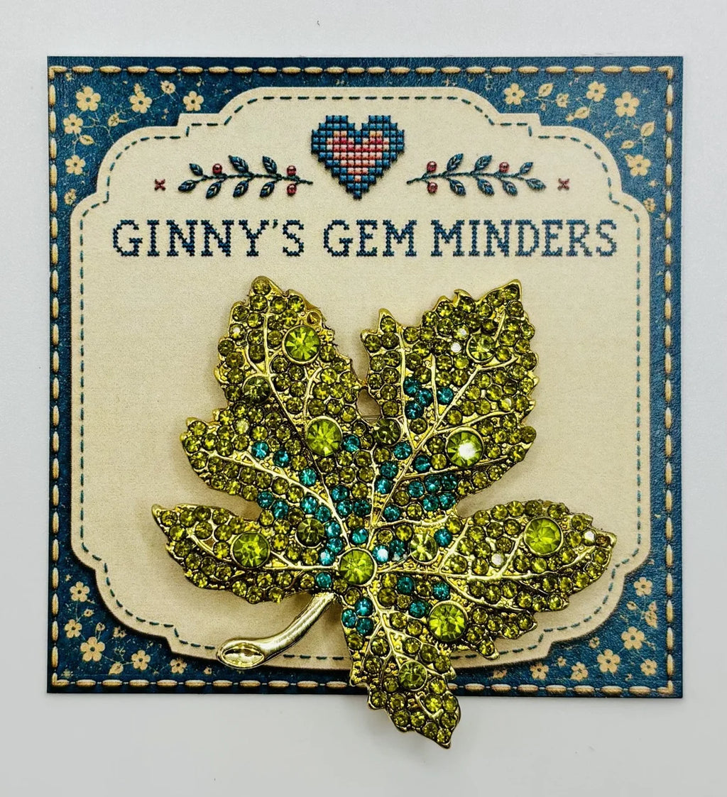 Green crystal leaf needle minder on Ginny’s Gem Minders display card