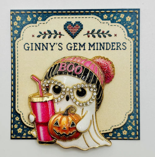 Enamel and crystal ghost girl needle minder on Ginny’s Gem Minders display card