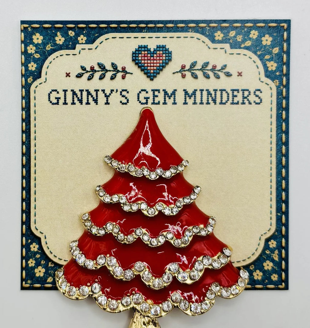 Red enamel tree with crystals needle minder on Ginny’s Gem Minders display card