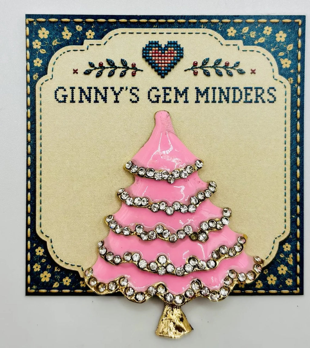 Pink enamel tree with crystals needle minder on Ginny’s Gem Minders display card