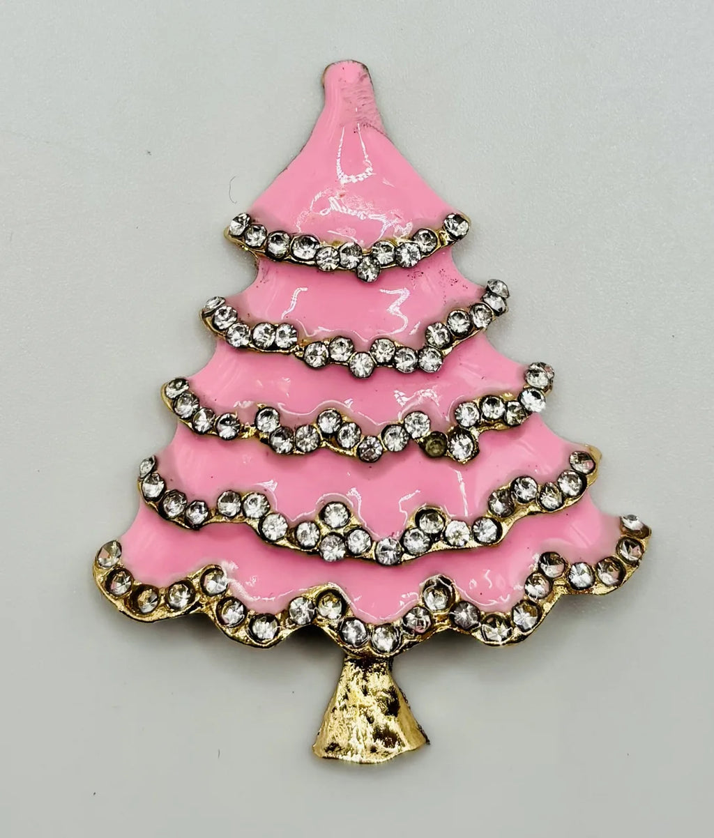 Pink enamel tree with crystals needle minder on a white background