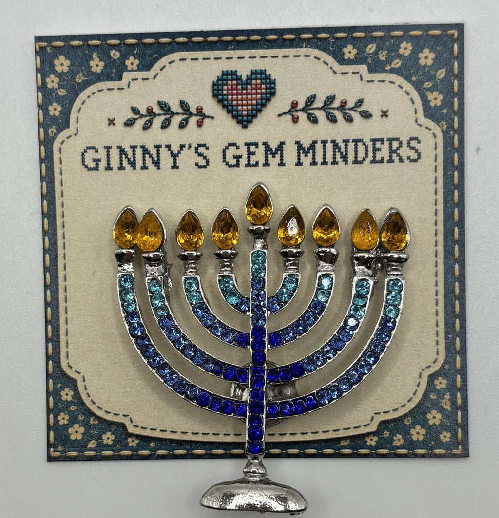 Crystal menorah needle minder on Ginny’s Gem Minders display card