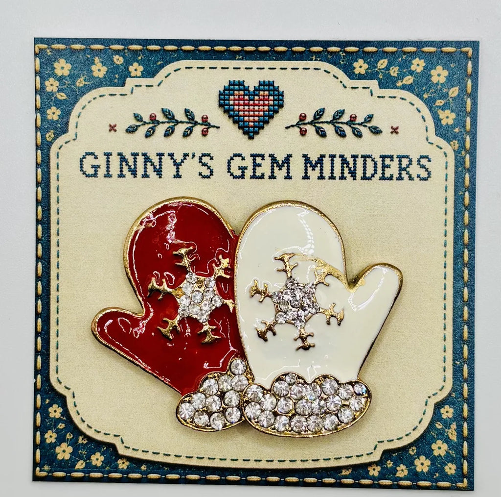 White and red enamel mittens needle minder on Ginny’s Gem Minders display card