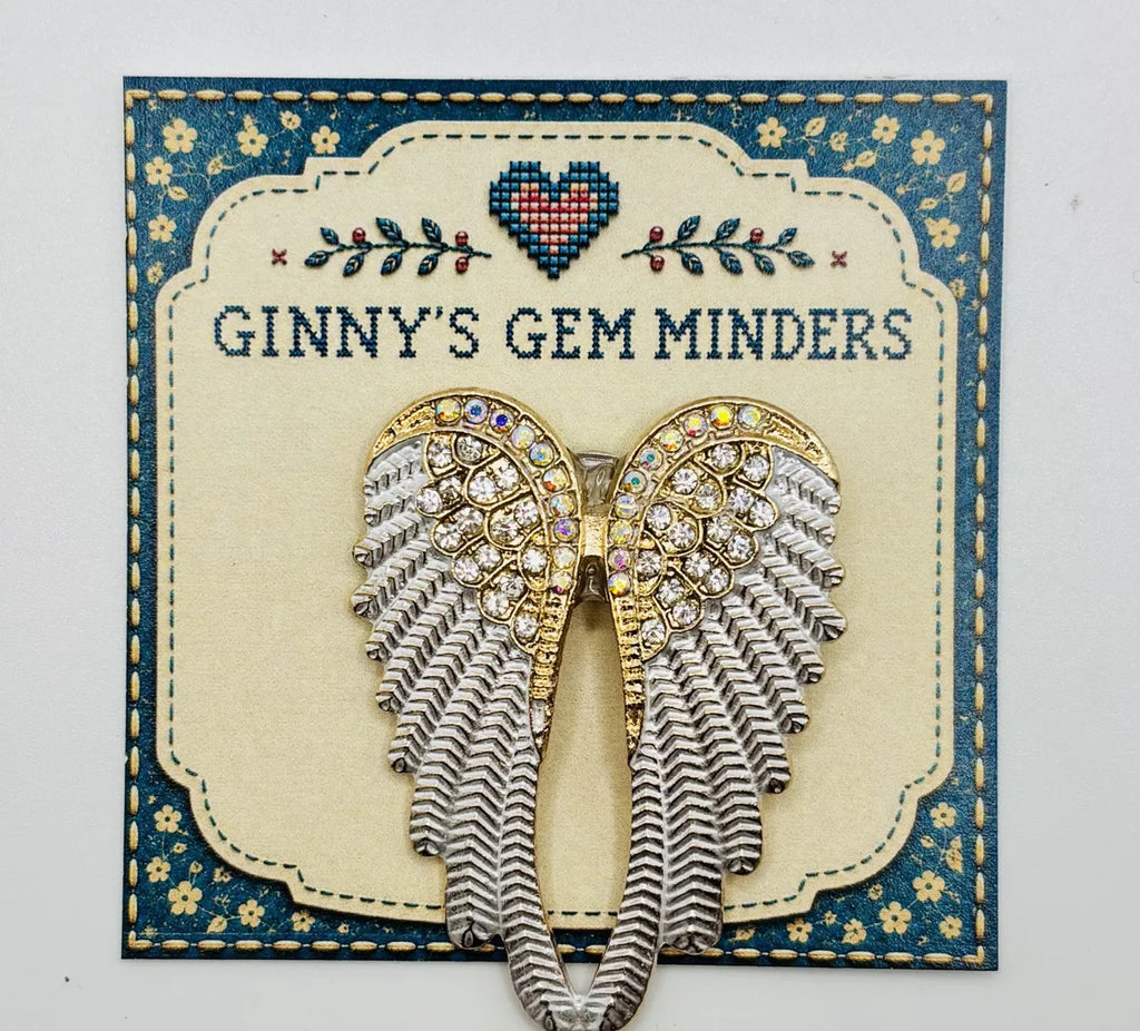 White enamel and crystal angel wings needle minder on Ginny’s Gem Minders display card
