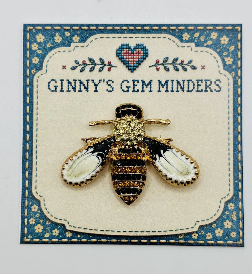 Little enamel and crystal bee needle minder on Ginny’s Gem Minders display card