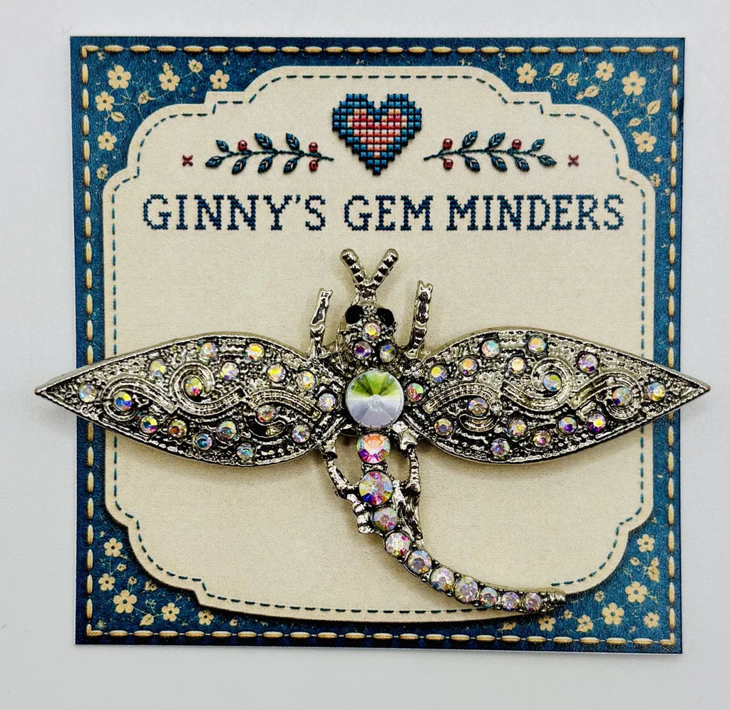Silver and crystal dragonfly needle minder on Ginny’s Gem Minders display card