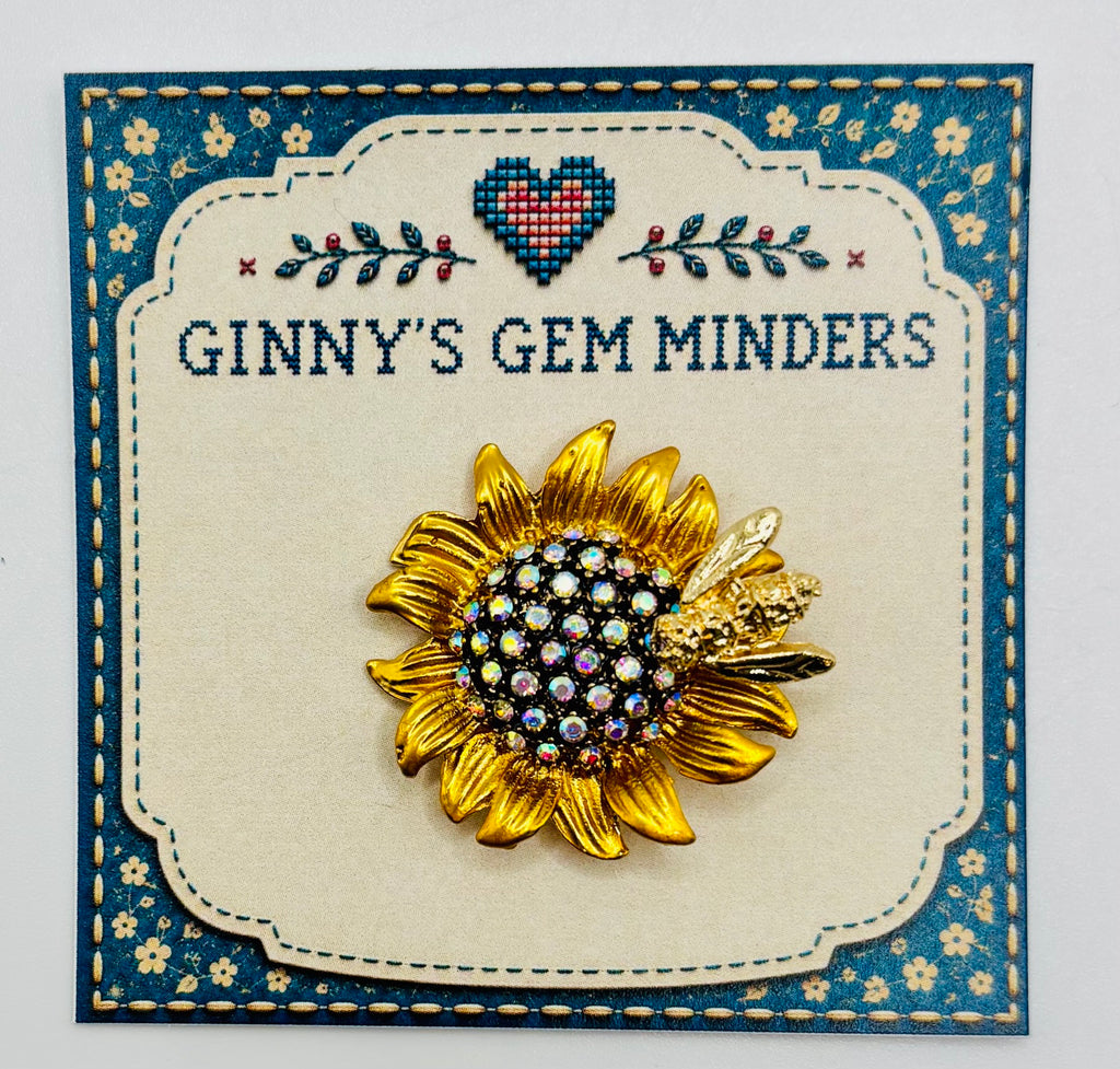 Crystal sunflower with bee needle minder on Ginny’s Gem Minders display card