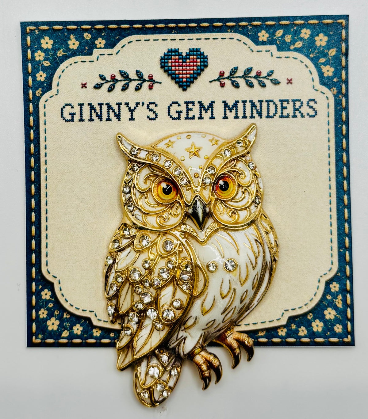 Gorgeous Cream and Gold Owl with Crystals Needle Minder