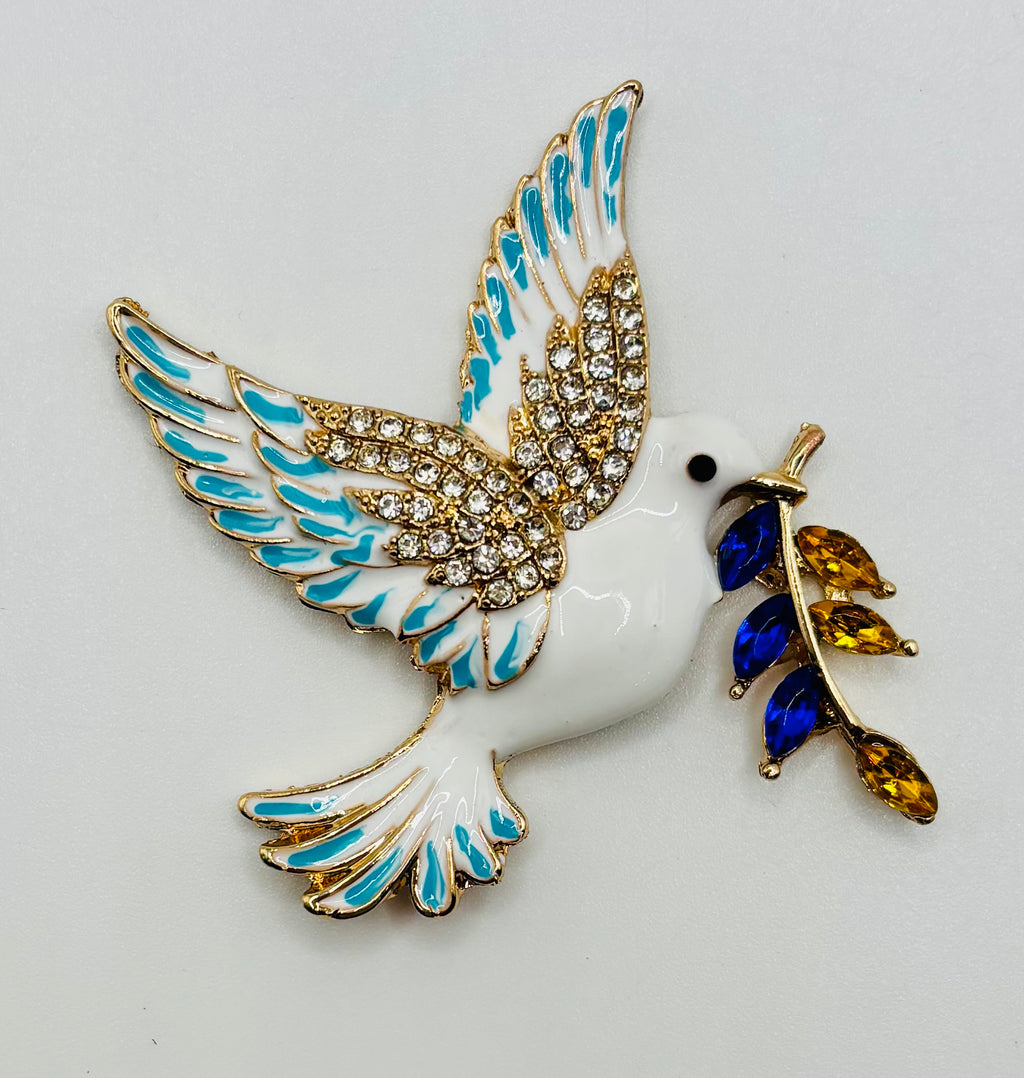 Blue-branch enamel dove needle minder — white background