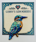 Blue enamel and crystal kingfisher needle minder — display card