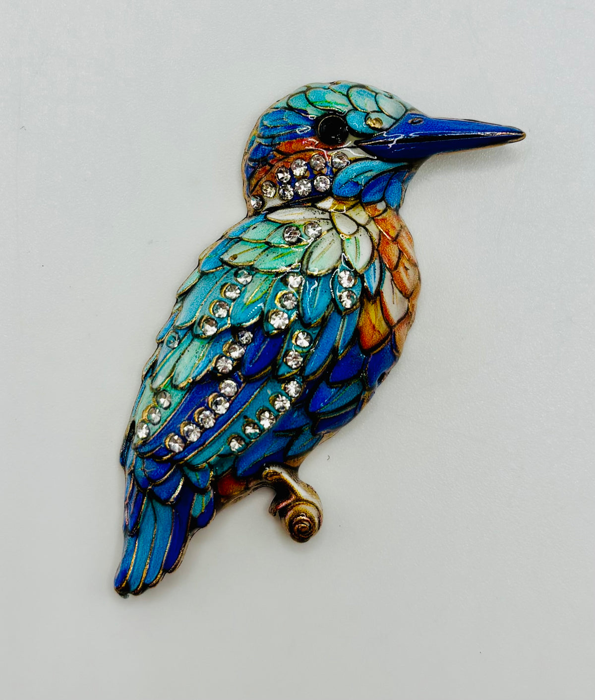 Blue enamel and crystal kingfisher needle minder — white background