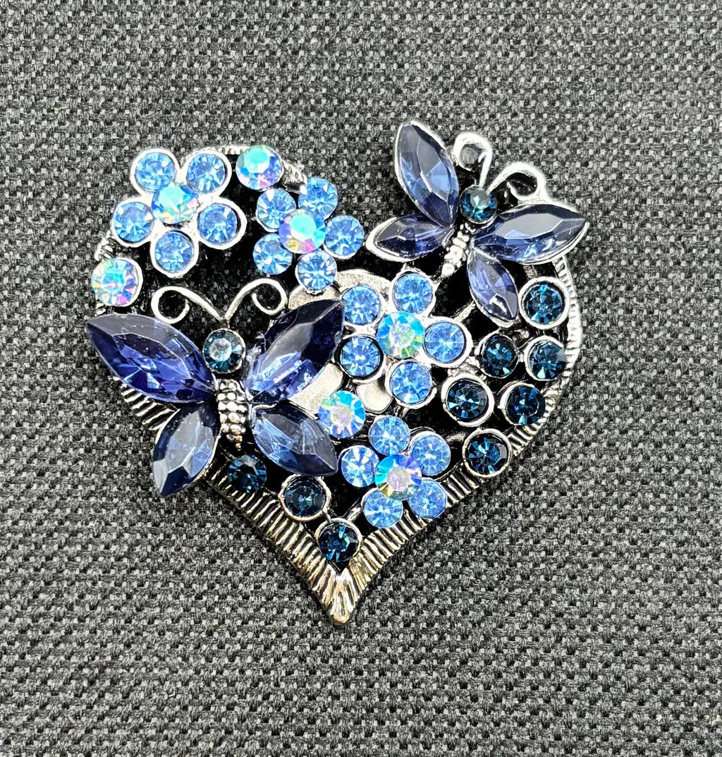 Sweet Crystal Blue Heart and Butterflies Needle Minder — dark fabric