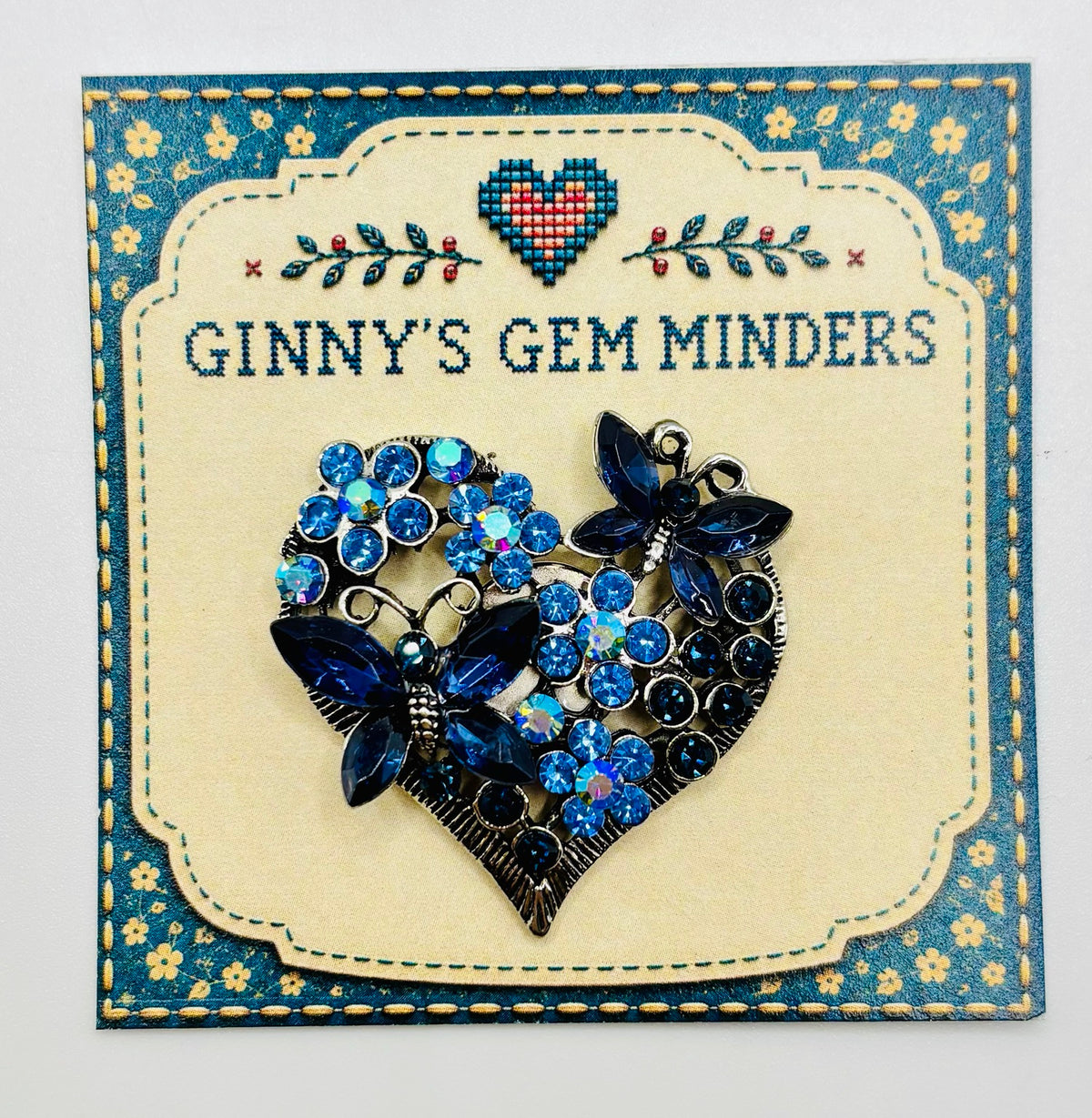 Sweet Crystal Blue Heart and Butterflies Needle Minder — display card