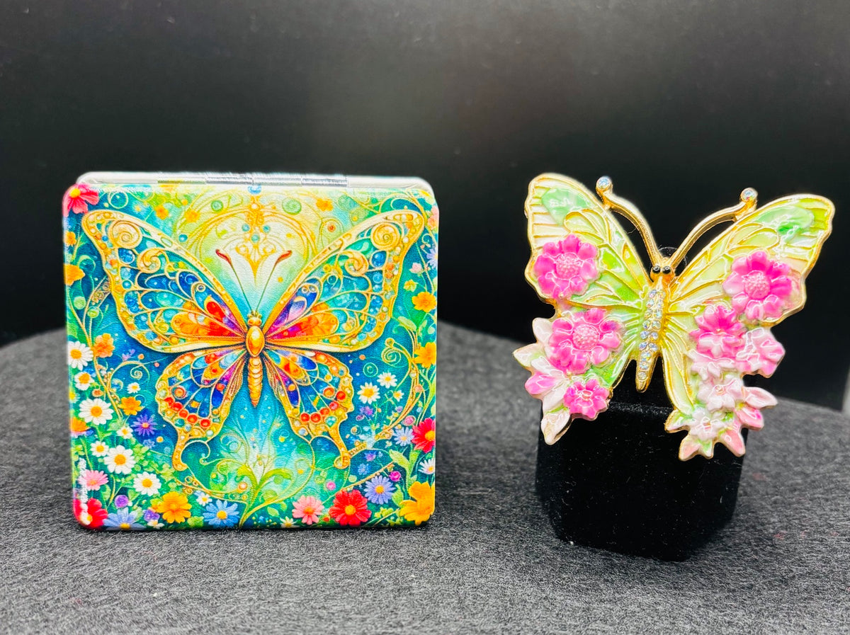 Colorful butterfly bead case paired with a pink floral and green enamel butterfly needle minder