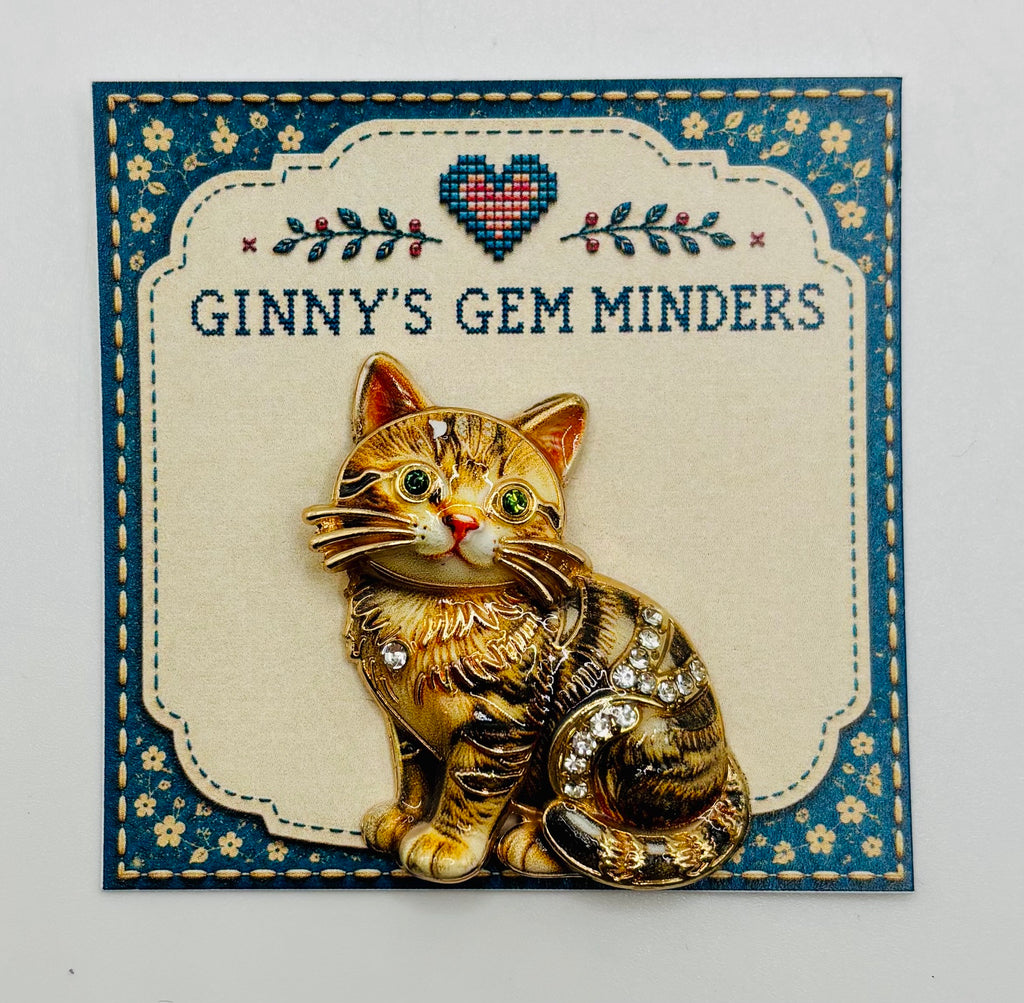 Brown tabby cat kitty needle minder on display card