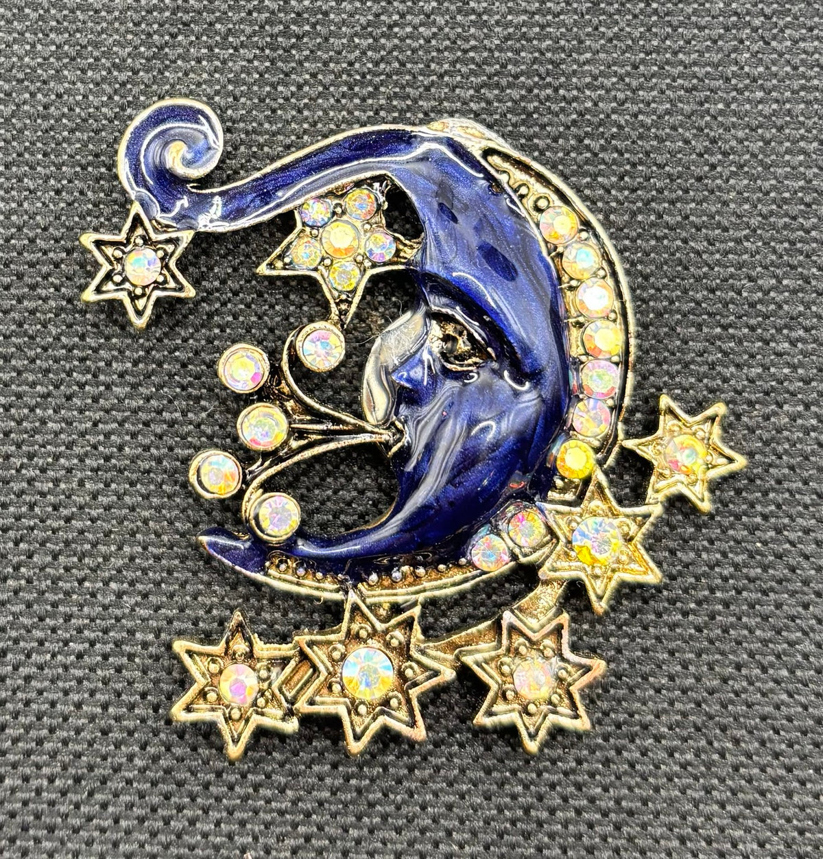 Celestial Blue Moon and Stars Needle Minder — dark fabric