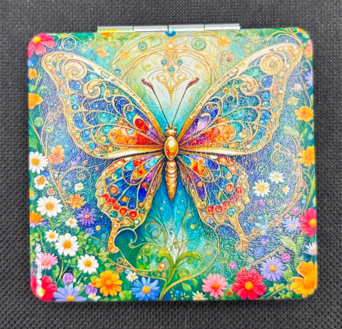 Colorful Butterfly and Flowers Bead Case on dark fabric