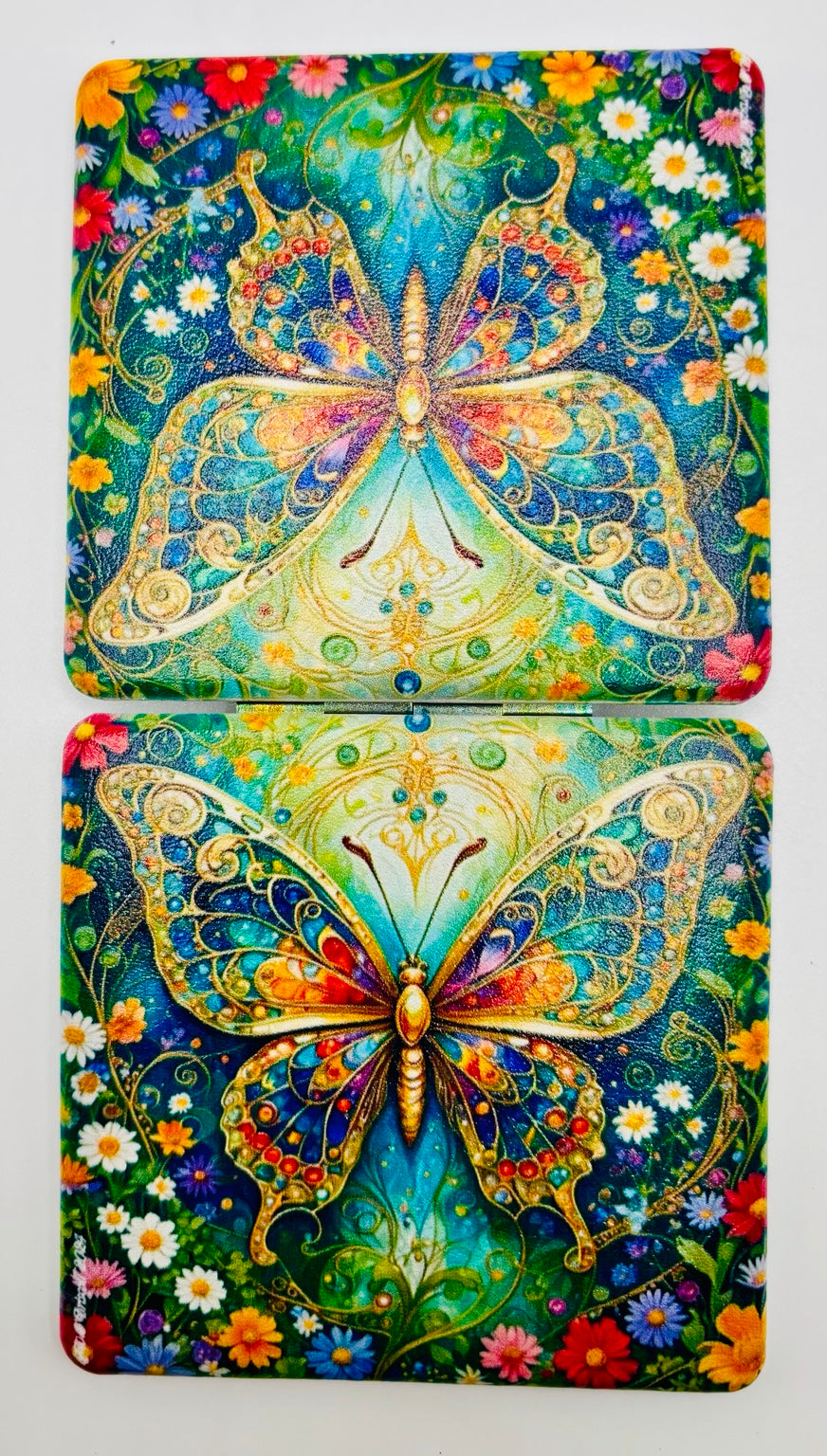 Colorful Butterfly and Flowers Bead Case showing both decorated panels