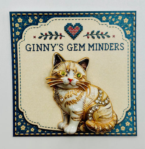Cream tabby cat kitty needle minder on display card