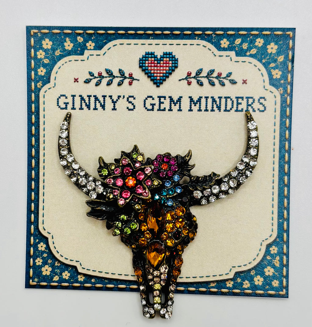 Stunning Crystal Cow Skull Needle Minder — display card