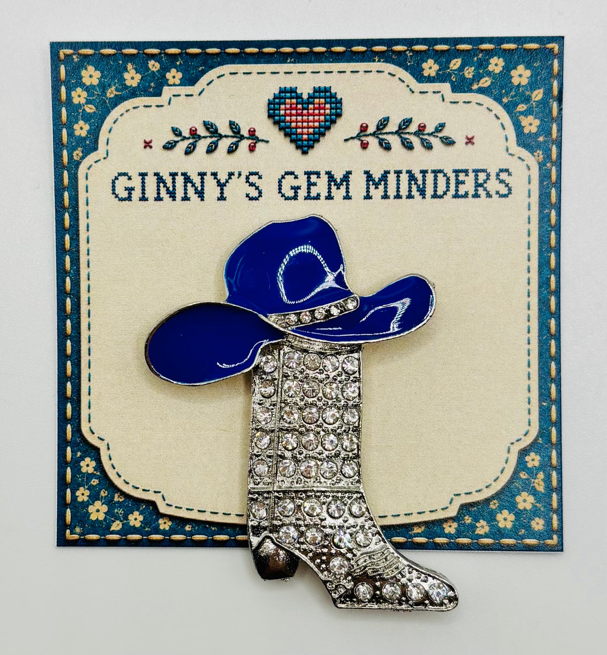 Crystal Cowgirl Boot with Blue Hat Needle Minder — display card