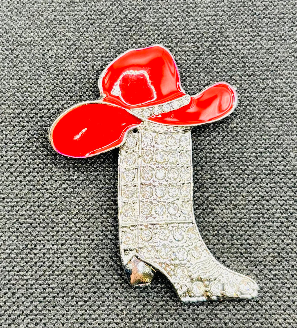 Crystal Cowgirl Boot with Red Hat Needle Minder — dark fabric