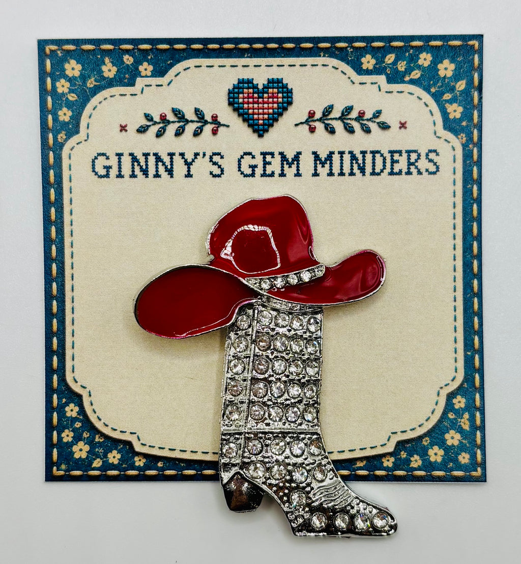 Crystal Cowgirl Boot with Red Hat Needle Minder — display card