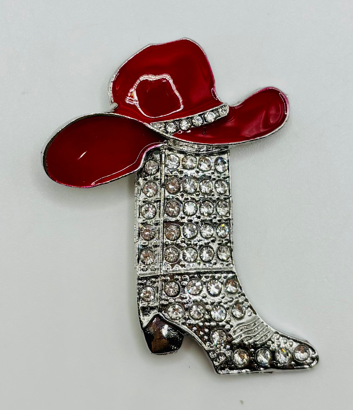 Crystal Cowgirl Boot with Red Hat Needle Minder — white background