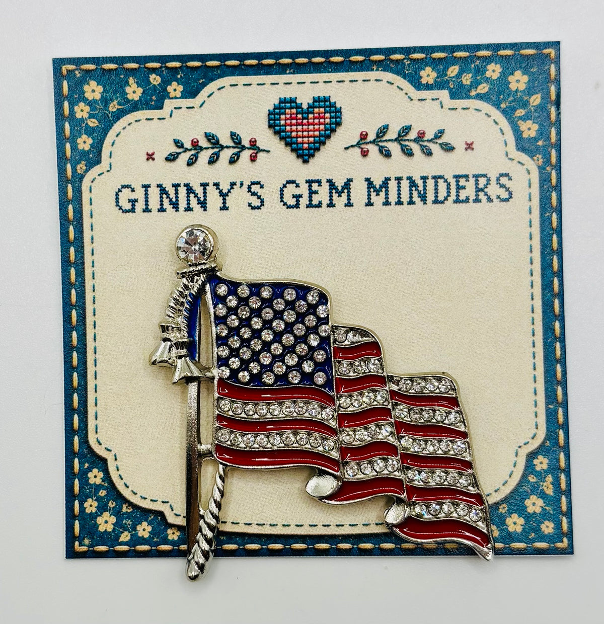 Crystal US Flag Needle Minder — display card