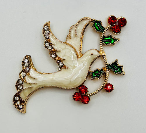 Enamel dove with red crystal branch needle minder — white background