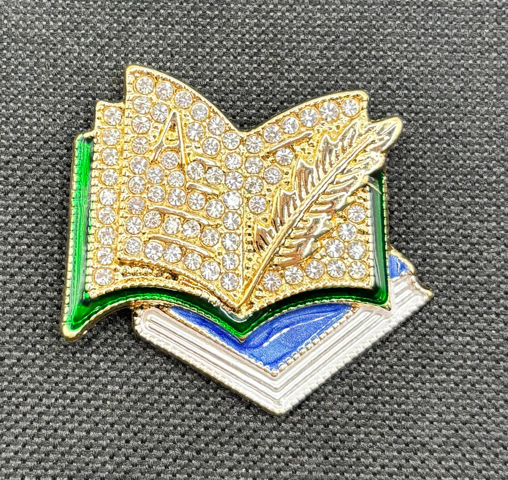 Enamel and Crystal Books Needle Minder — dark fabric