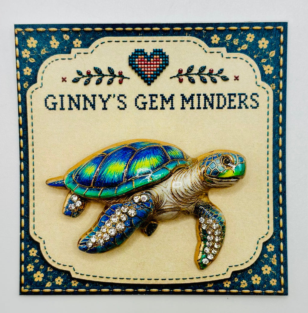 Gorgeous Enamel Crystal Green Sea Turtle Needle Minder on display card
