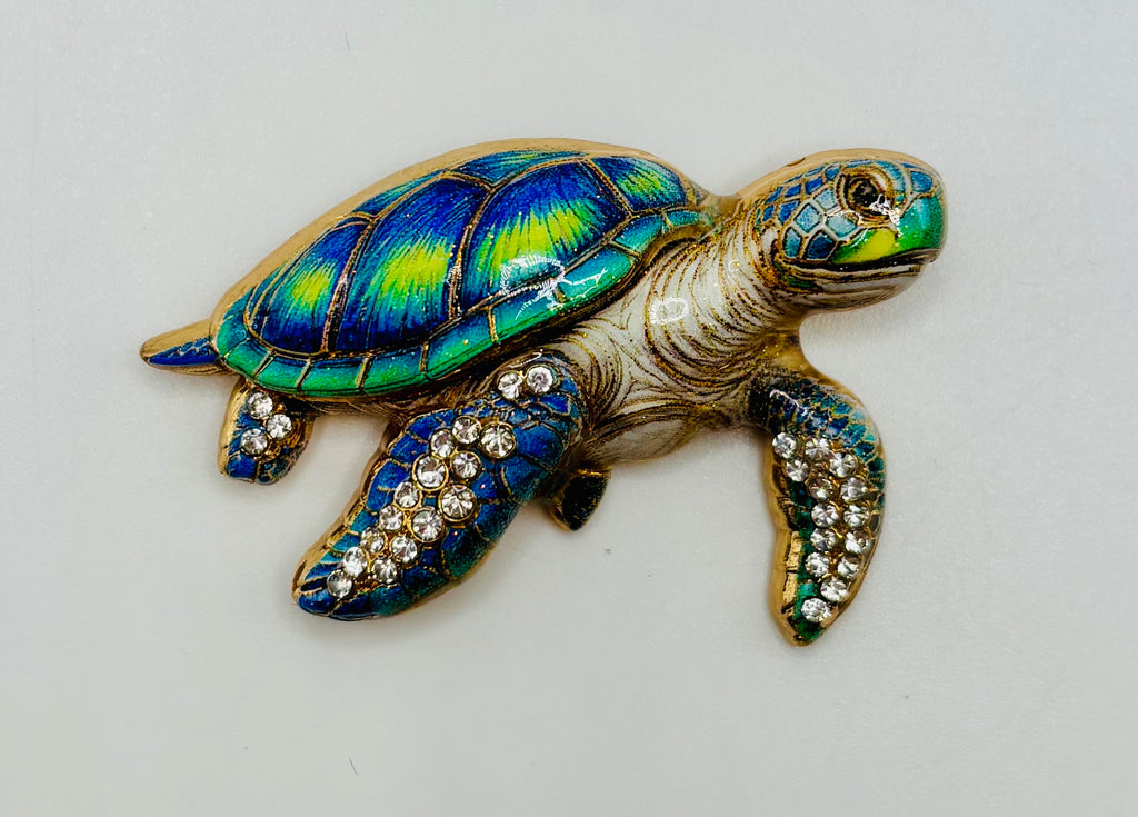 Gorgeous Enamel Crystal Green Sea Turtle Needle Minder on white background