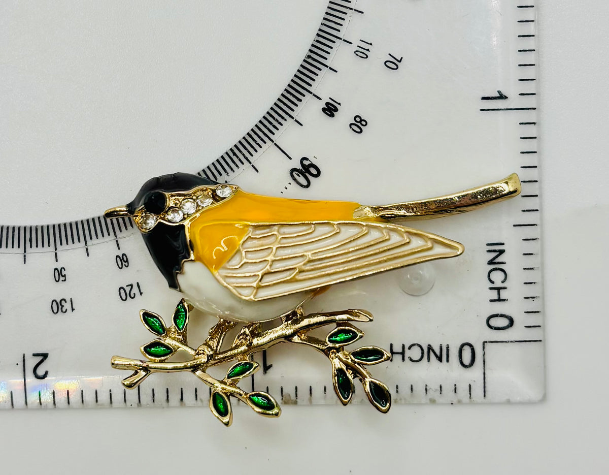 Enamel and crystal goldfinch needle minder — ruler scale