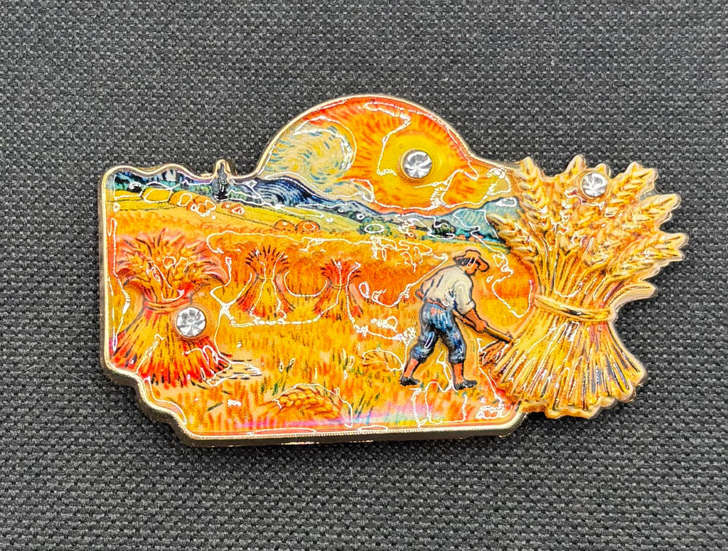 Beautiful Enamel Impressionist Needle Minder — dark fabric