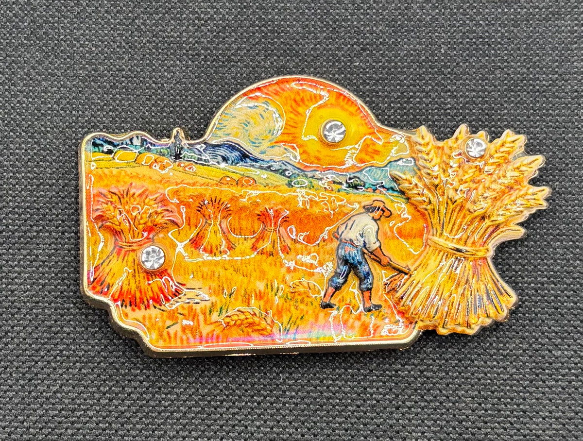 Beautiful Enamel Impressionist Needle Minder — dark fabric