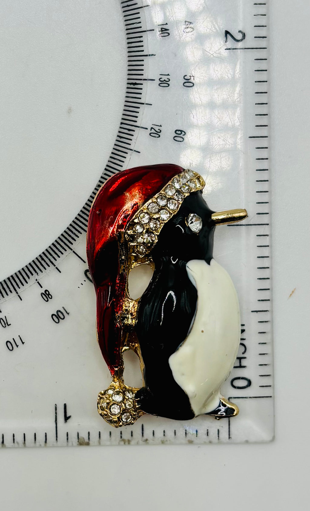 Enamel and crystal penguin needle minder — ruler scale