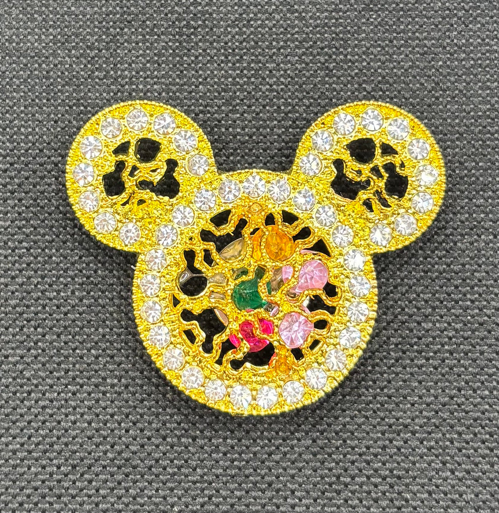 Beautiful Gold and Crystal M. Mouse Head Needle Minder — dark fabric